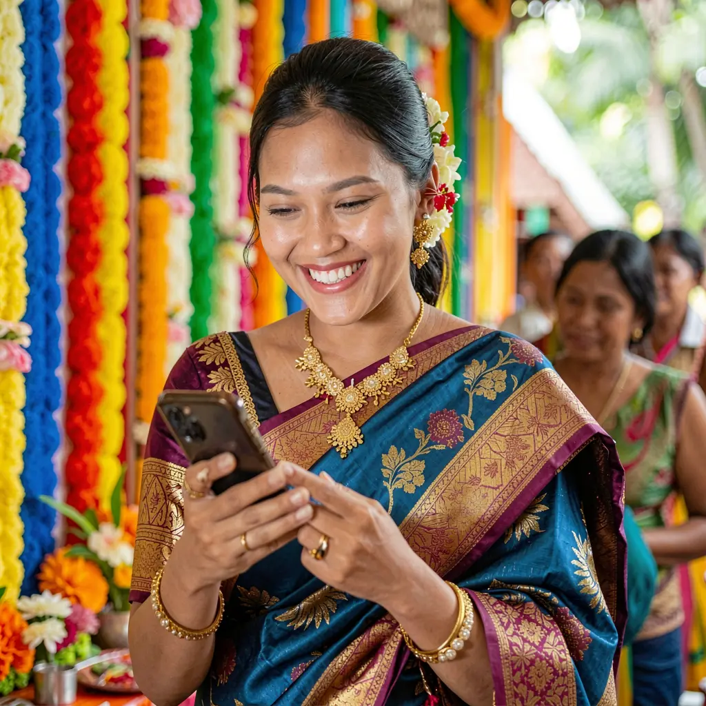 Happy Filipino woman in a traditional sari using the PHVVVV mobile casino app with colorful city lights glowing behind her