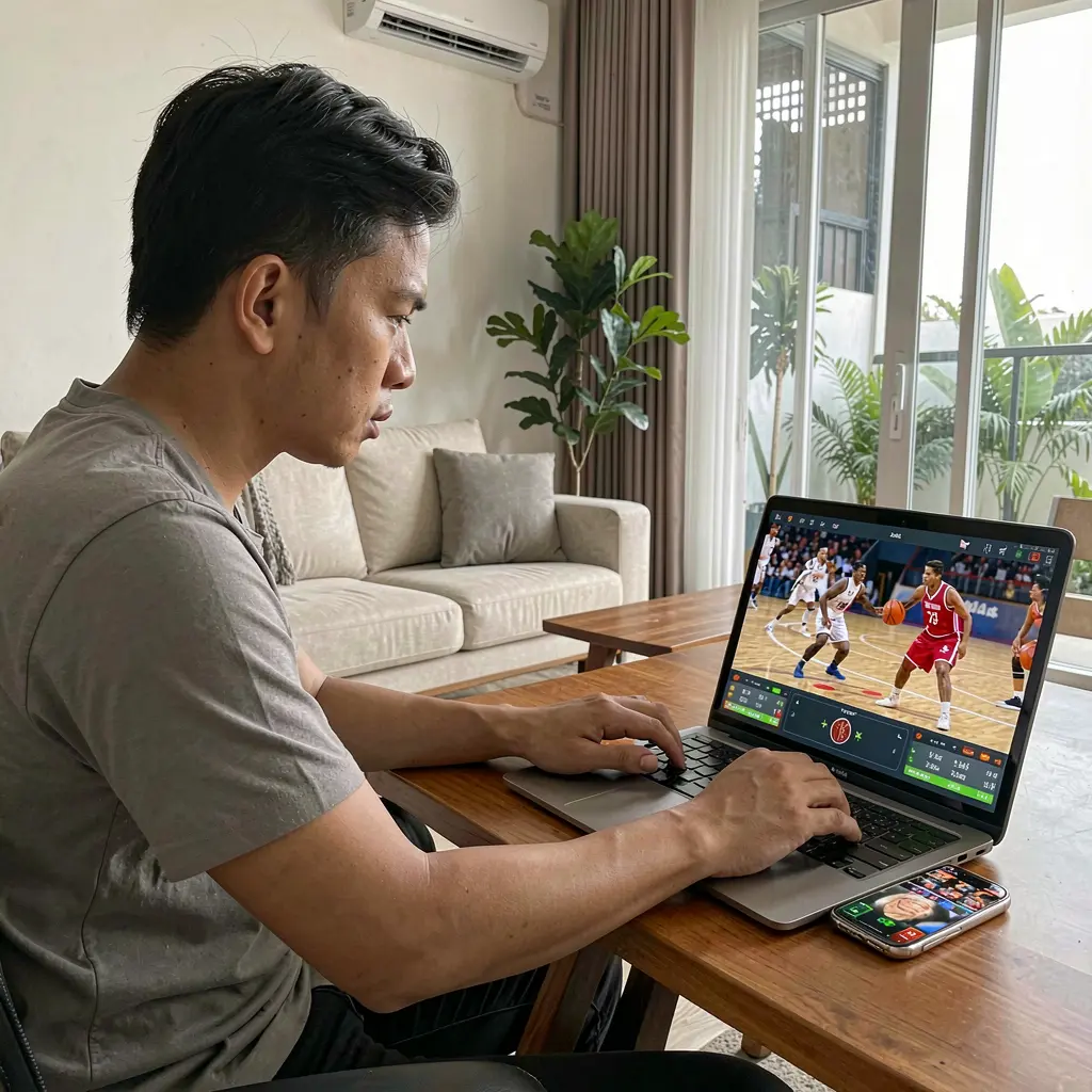 Focused Filipino sports bettor analyzing basketball odds on a laptop at home using the PHVVVV betting platform in the Philippines