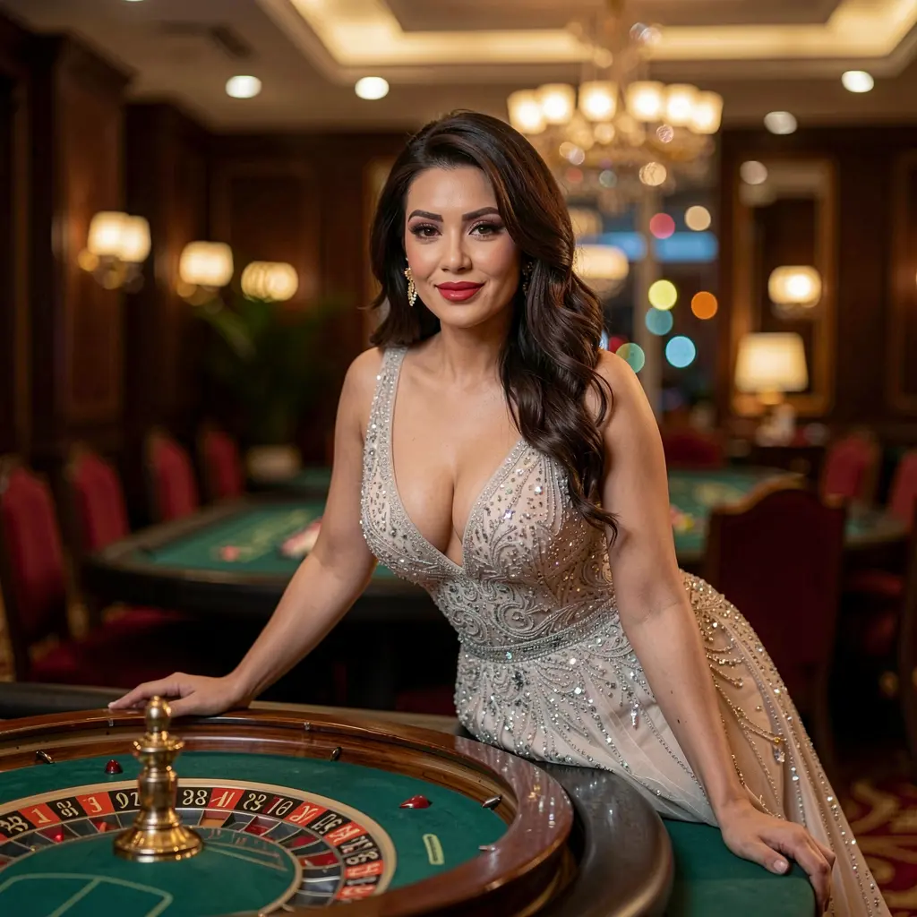 Confident casino player standing by a roulette table in a glamorous gaming hall at PHVVVV, capturing the excitement and luxury of live casino action in the Philippines