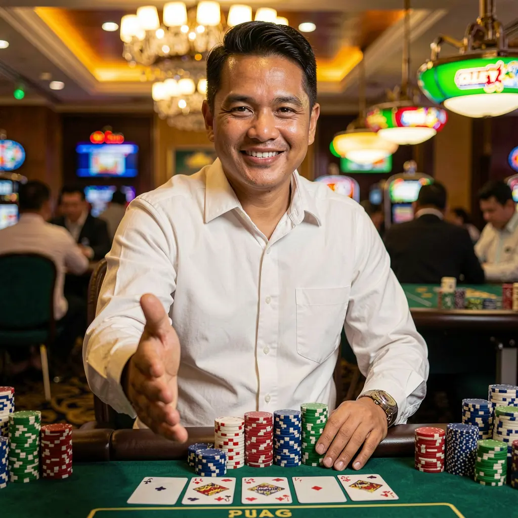 Friendly casino dealer from the Philippines extending his hand to welcome players inside the vibrant PHVVVV online casino environment